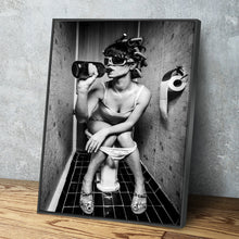 Load image into Gallery viewer, Bathroom Drink Poster, Black and White Bathroom Wall Art Funny Woman Drinking on the Toilet Humor Restroom Photo Print unique vintage modern