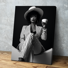 Load image into Gallery viewer, African American Wall Art | African Canvas Art | Canvas Wall Art | Beautiful Woman Drinking Coffee Black and White Pinstripe Suit Portrait Canvas Art