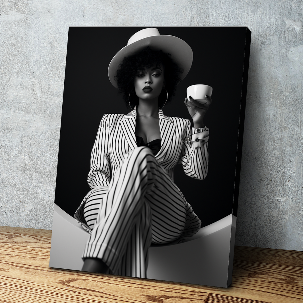 African American Wall Art | African Canvas Art | Canvas Wall Art | Beautiful Woman Drinking Coffee Black and White Pinstripe Suit Portrait Canvas Art