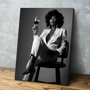 African American Wall Art | African Canvas Art | Canvas Wall Art | Beautiful Woman Drinking Red Wine White Suit Portrait Canvas Art