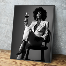 Load image into Gallery viewer, African American Wall Art | African Canvas Art | Canvas Wall Art | Beautiful Woman Drinking Red Wine White Suit Portrait Canvas Art