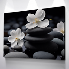 Load image into Gallery viewer, Floral Zen Stones Black Spa Bathroom Wall Art | Bathroom Wall Decor | Bathroom Canvas Art Prints | Canvas Wall Art