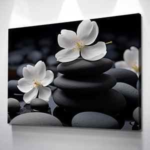 Floral Zen Stones Black Spa Bathroom Wall Art | Bathroom Wall Decor | Bathroom Canvas Art Prints | Canvas Wall Art
