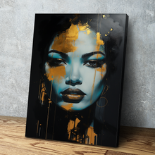 Load image into Gallery viewer, African American Wall Art | African Canvas Art | Canvas Wall Art | Blue and Gold Painted Afro Latina Portrait Canvas Art