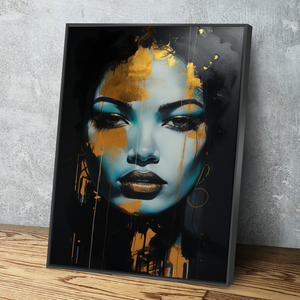 African American Wall Art | African Canvas Art | Canvas Wall Art | Blue and Gold Painted Afro Latina Portrait Canvas Art