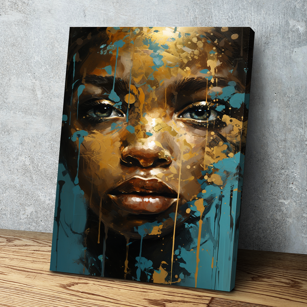 African American Wall Art | African Canvas Art | Canvas Wall Art | Blue and Gold Girl Nursery Art Portrait Canvas Art v2