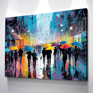 Graffiti Canvas Art | Colored Rain People in the Street v2 Graffiti Print Poster Art Canvas Wall Art | Living Room Bedroom Canvas Wall Art