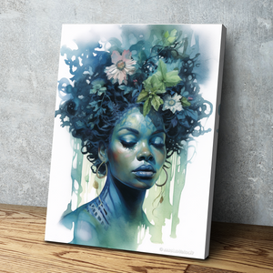 African American Wall Art | African Canvas Art | Canvas Wall Art | Beautiful Woman with Flowers on Face Portrait Canvas Art