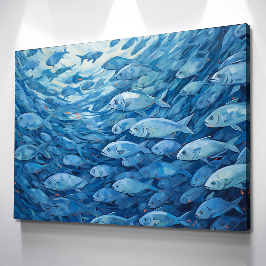 Flock of Blue Fish Landscape Bathroom Wall Art | Bathroom Wall Decor | Bathroom Canvas Art Prints | Canvas Wall Art