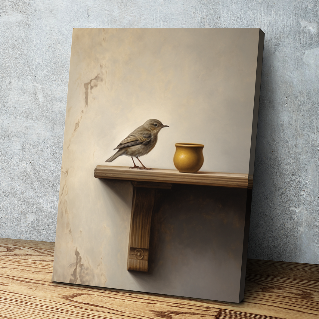 Bird Perched on a Shelf Canvas Painting  | Bird Canvas Wall Art | Bird Wall Decor Print | Living Room Bathroom Bedroom Wall Decor