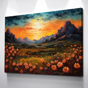 Starry Night Poster | Starry Night Canvas |  Stars Mountains and Flowers Landscape Art Print | Living Room Bedroom Canvas Wall Art