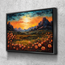 Load image into Gallery viewer, Starry Night Poster | Starry Night Canvas |  Stars Mountains and Flowers Landscape Art Print | Living Room Bedroom Canvas Wall Art