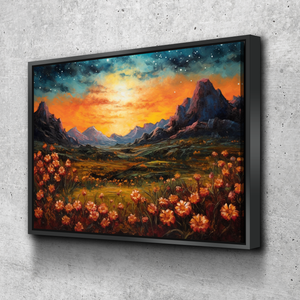 Starry Night Poster | Starry Night Canvas |  Stars Mountains and Flowers Landscape Art Print | Living Room Bedroom Canvas Wall Art