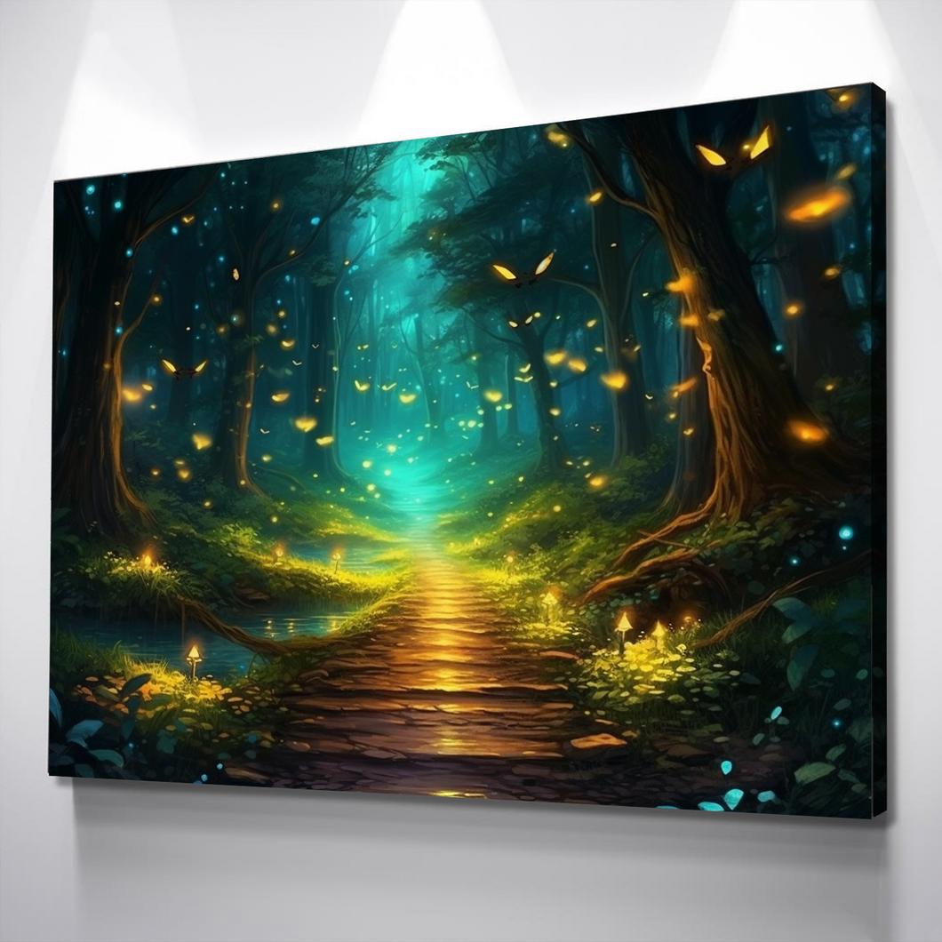 Living Room Wall Art | Landscape Wall Art Canvas Prints | Forest Wall Art | Forest Scenery Canvas Wall Art | Beautiful Fireflies on a Pathway