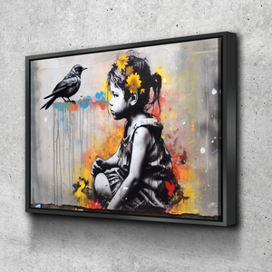 Graffiti Canvas Art | Little Girl and Bird Banksy Style Graffiti Print Poster Art Canvas Wall Art | Living Room Bedroom Canvas Wall Art