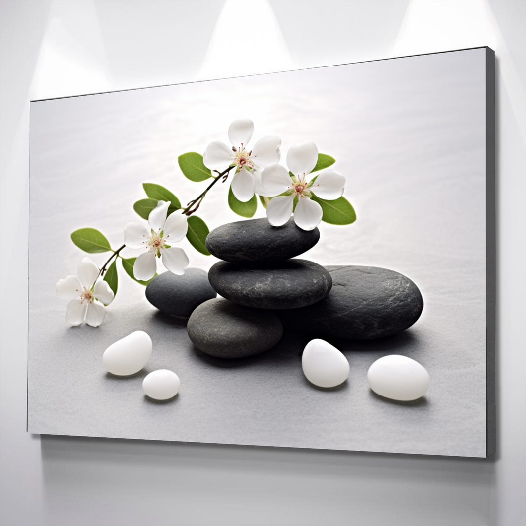 Floral Zen Stones White Bathroom Wall Art | Bathroom Wall Decor | Bathroom Canvas Art Prints | Canvas Wall Art v2