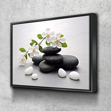 Load image into Gallery viewer, Floral Zen Stones White Bathroom Wall Art | Bathroom Wall Decor | Bathroom Canvas Art Prints | Canvas Wall Art v2