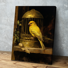 Load image into Gallery viewer, Gold Bird and Cage Canvas Painting | Bird Canvas Wall Art | Bird Wall Decor Print | Living Room Bathroom Bedroom Wall Decor
