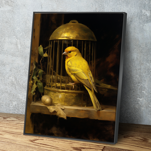 Gold Bird and Cage Canvas Painting | Bird Canvas Wall Art | Bird Wall Decor Print | Living Room Bathroom Bedroom Wall Decor