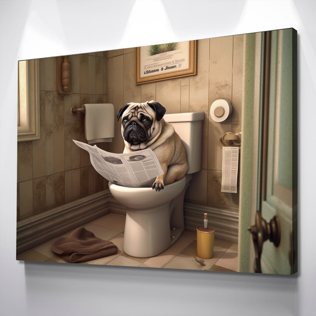 Dog Bathroom Art | Bathroom Wall Decor | Bathroom Canvas Art Prints | Canvas Wall Art | Pug Toilet Newspaper v2