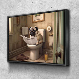 Dog Bathroom Art | Bathroom Wall Decor | Bathroom Canvas Art Prints | Canvas Wall Art | Pug Toilet Newspaper v2
