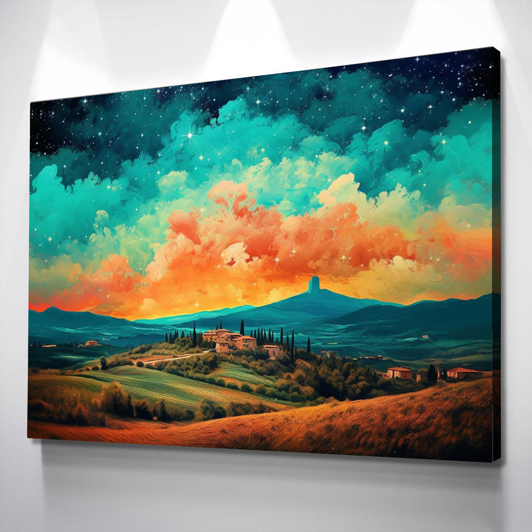Starry Night Poster | Starry Night Canvas | Tuscan Night Sky Landscape Art Print | Living Room Bedroom Canvas Wall Art