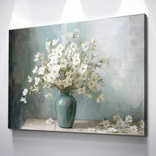Load image into Gallery viewer, White Flowers in Glass Vase Landscape Bathroom Wall Art | Bathroom Wall Decor | Bathroom Canvas Art Prints | Canvas Wall Art