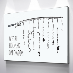 Hooked on Daddy Daddy Grandpa Papa Pops Canvas | Fathers Day Canvas Art Gift | Personalized Gift for Dad | White Name Canvas Wall Art | Up to 8 Names
