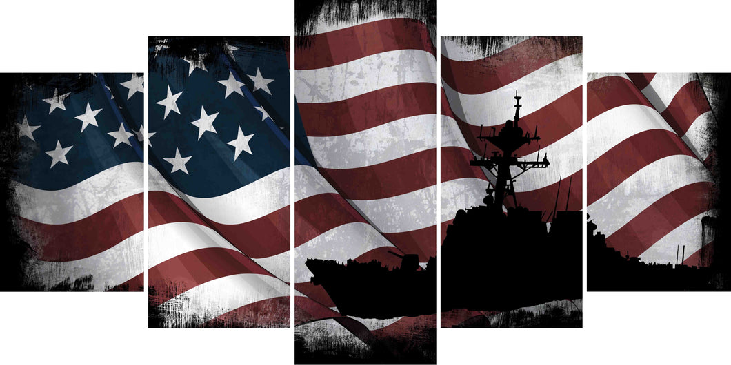 USS Arleigh Burke Navy Destroyer Battle Ship on American Flag Wall Art Canvas