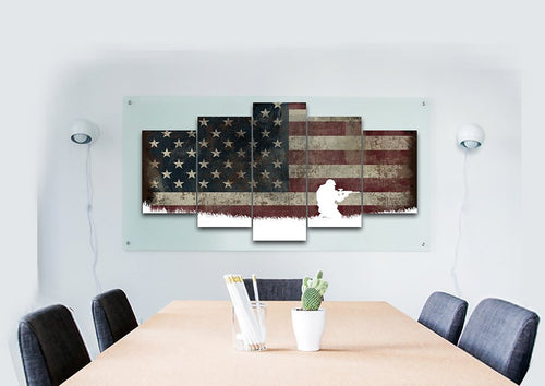 Soldier in Kneeling Position with American Flag Multi Panel Canvas Wall Art Painting Decor