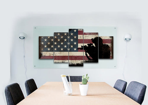 Soldier Ready to Protect the American Flag Multi Panel Canvas Wall Art Painting Decor
