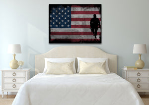 Walking Soldier with Rustic American Flag Wall Art Canvas