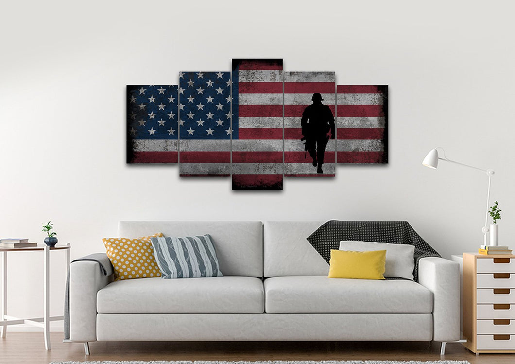 Walking Soldier with Rustic American Flag Wall Art 5 panel living room Canvas