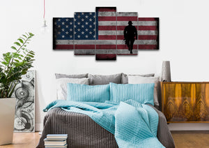 Walking Soldier with Rustic American Flag Wall Art 5 set bedroom Canvas