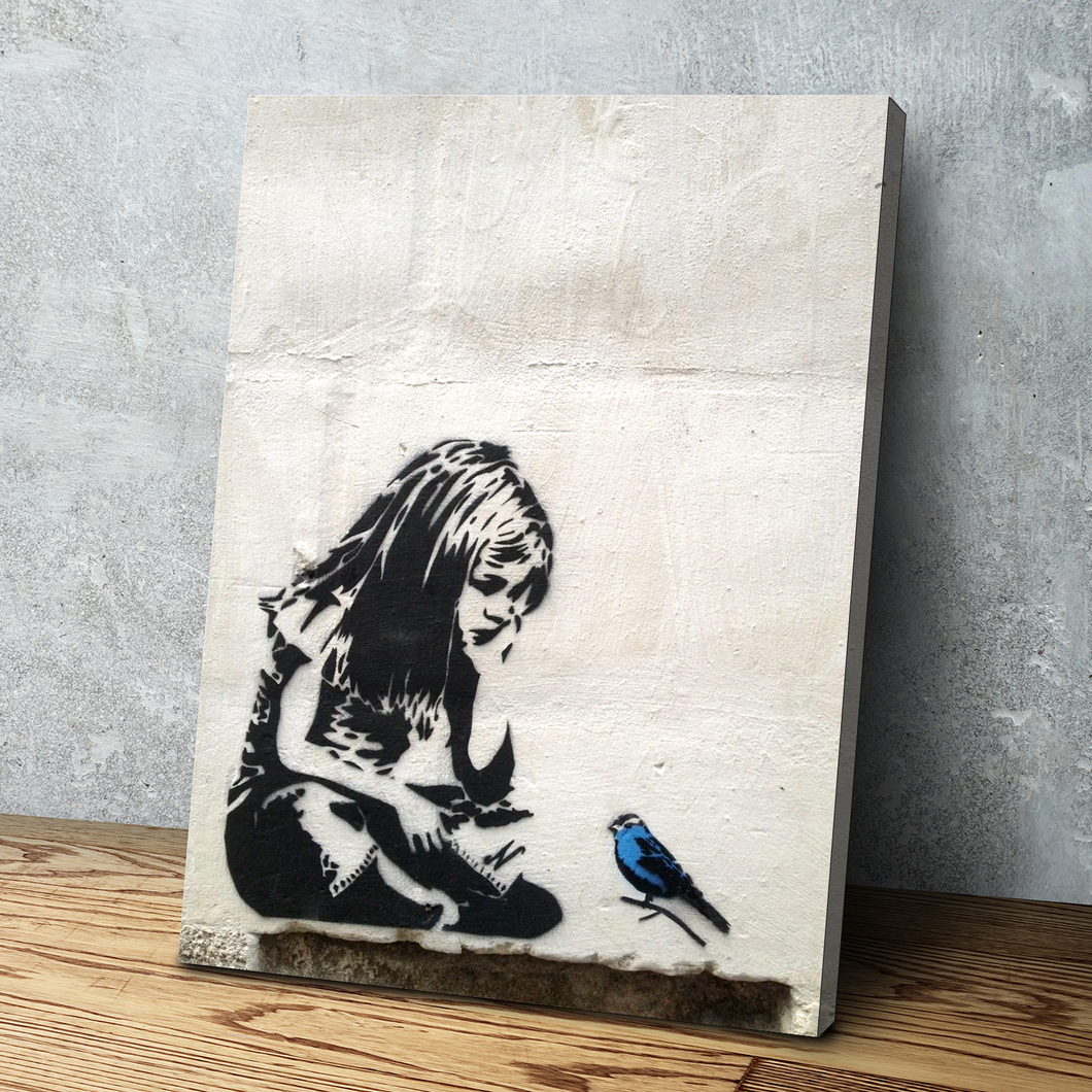 BANKSY Reproduction Girl and Blue Bird | Banksy Print Banksy Poster Banksy Art Canvas Wall Art Ready to Hang Canvas