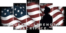 Load image into Gallery viewer, Courage Strength Sacrifice Quote on American Flag with Soldiers  - Army Rangers- Military Art- Navy Seals- Army Wall Decor- US Marines-
