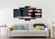 Load image into Gallery viewer, God Bless America Quote on American Flag with Soldiers  - Army Rangers- Military Art- Navy Seals- Army Wall Decor- US Marines-
