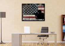 Load image into Gallery viewer, Proud Military Family Quote on American Flag with Soldiers  - Army Rangers- Military Art- Navy Seals- Army Wall Decor- US Marines-