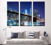 Load image into Gallery viewer, CANVAS New York City NYC Skyline NIGHT Brooklyn Bridge Tribute Lights Lower Manhattan Panoramic Photo Cityscape