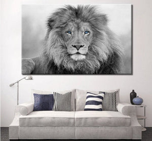 Lion Wall Art | Lion Canvas | Living Room Bedroom Canvas Wall Art Set | Black and White Blue Eyed Lion