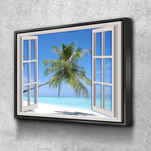 Window Frame Style Wall Decor - Beach and Clear Wave Canvas Wall Art Poster Canvas Wall Art Ready to Hang Various Sizes