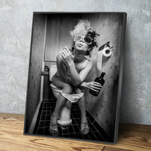 Load image into Gallery viewer, Bathroom Smoke Poster, Black and White Bathroom Wall Art Funny Woman Drinking on the Toilet Humor Restroom Photo Print unique vintage modern