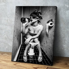 Load image into Gallery viewer, Bathroom Drink Poster, Black and White Bathroom Wall Art Funny Woman Drinking on the Toilet Humor Restroom Photo Print unique vintage modern