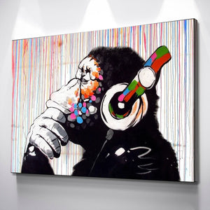 Banksy Prints | Banksy Canvas Art | Banksy Prints for Sale | Graffiti Canvas Art | DJ Monkey Colored Rain Graffiti Reproduction