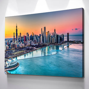 Chicago Skyline | Chicago Canvas Wall Art | Chicago Print Art | Chicago Poster | Chicago Skyline Harbor At Sunset