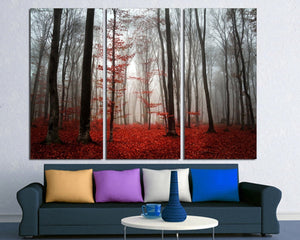 Living Room Wall Art| Landscape wall Art Canvas Prints | Forest Wall Art | Forest Scenery Canvas Wall Art | Red Leaves Forest Trees Mist
