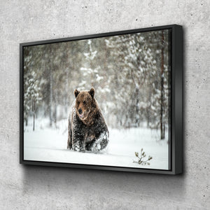 Brown Bear Canvas Wall Art | Bear Canvas | Wildlife Animal Prints in Snowy Forest Canvas Wall Art Set