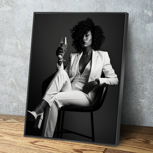 African American Wall Art | African Canvas Art | Canvas Wall Art | Beautiful Woman Drinking White Wine White Suit Portrait Canvas Art