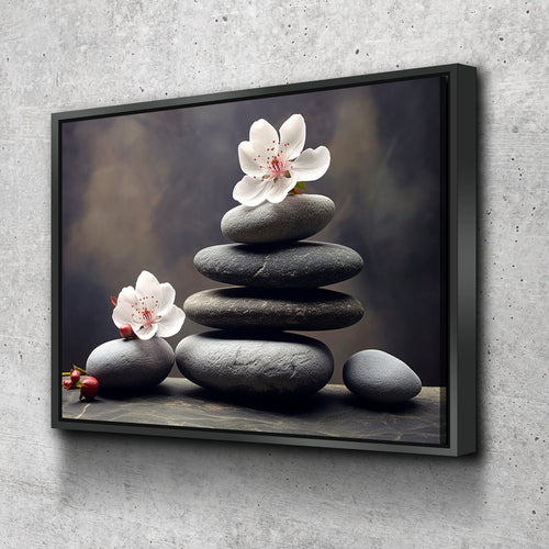 Floral Zen Stones Black Spa Bathroom Wall Art | Bathroom Wall Decor | Bathroom Canvas Art Prints | Canvas Wall Art v2