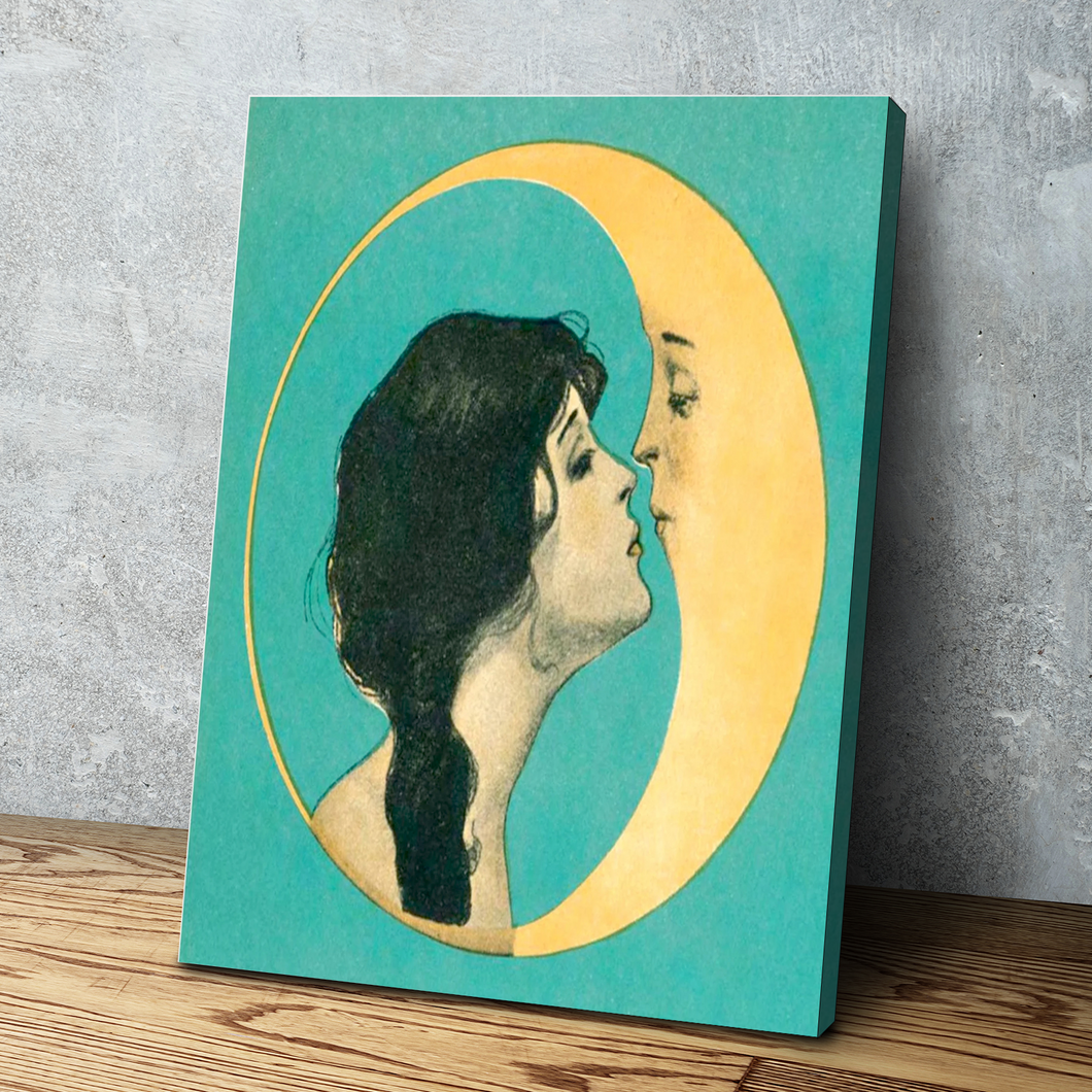 Woman Kissing Crescent Moon Man Art Print Portrait Vintage Poster Canvas Wall Art Décor Gift
